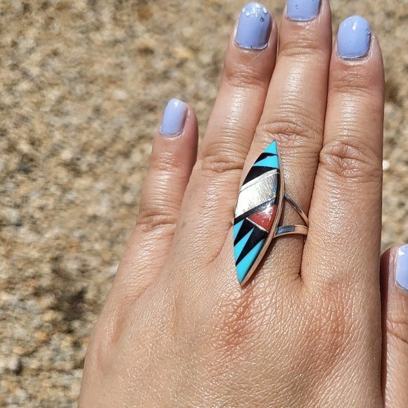 Zuni Multi Stones Diamond Shape Sterling Silver Native American Jewelry Sz 6.5US - Picture 3 of 13